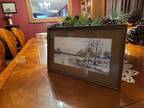 Antique Framed Original Pastel Painting Winter Sunset Stream