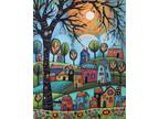 TEAL BEAUTY 11 x 14 ORIGINAL CANVAS PAINTING FOLK ART Landscape Karla Gerard