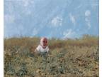 Oil Painting Baby Child Kid in Grassy Meadow Figure Landscape Art by A. Joli