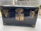 Antique Doll or Child's Miniature Flat Top Streamer Trunk with a Shelf