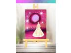 ACEO Art Original Print Princess & Pink Moon Painting Miniature Art Watercolor