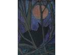 Aceo Orig Full Peach Moon Magic Black Kitten Cat Twofrogfarm Impressionism