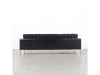1980s Vintage Leather Sofa: Milo Baughman-Inspired Elegance in Dark Navy Blue