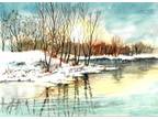 ORIGINAL - Sunset On A Snowy Lake, Snow Art, Sunset Art, Sunset Wall Decor