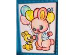 Kitschy Bunny Nursery Watercolor Painting. 7x9. Meyercord Decal Style Bunnies