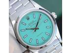 Rolex Mens Air-King Steel Watch 34m Blue Dial Smooth Bezel Oyster Band 14000