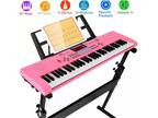 Pink Digital Piano Keyboard 61 Key Portable Electronic Instrument with Stand+Mic