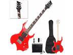 Glarry Flame Shaped Red Burning Fire Basswood Electric Guitar with Bag & 20W Amp