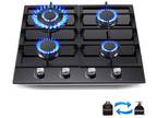 Kitchen 24 inch Gas Cooktop 4 burners NG/LPG Stainless Steel Tempered Glass New