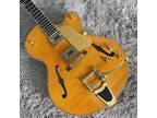 Factory Yellow Hollow Body ES Electric Guitar Flame Maple Top Gold Parts Bigsby